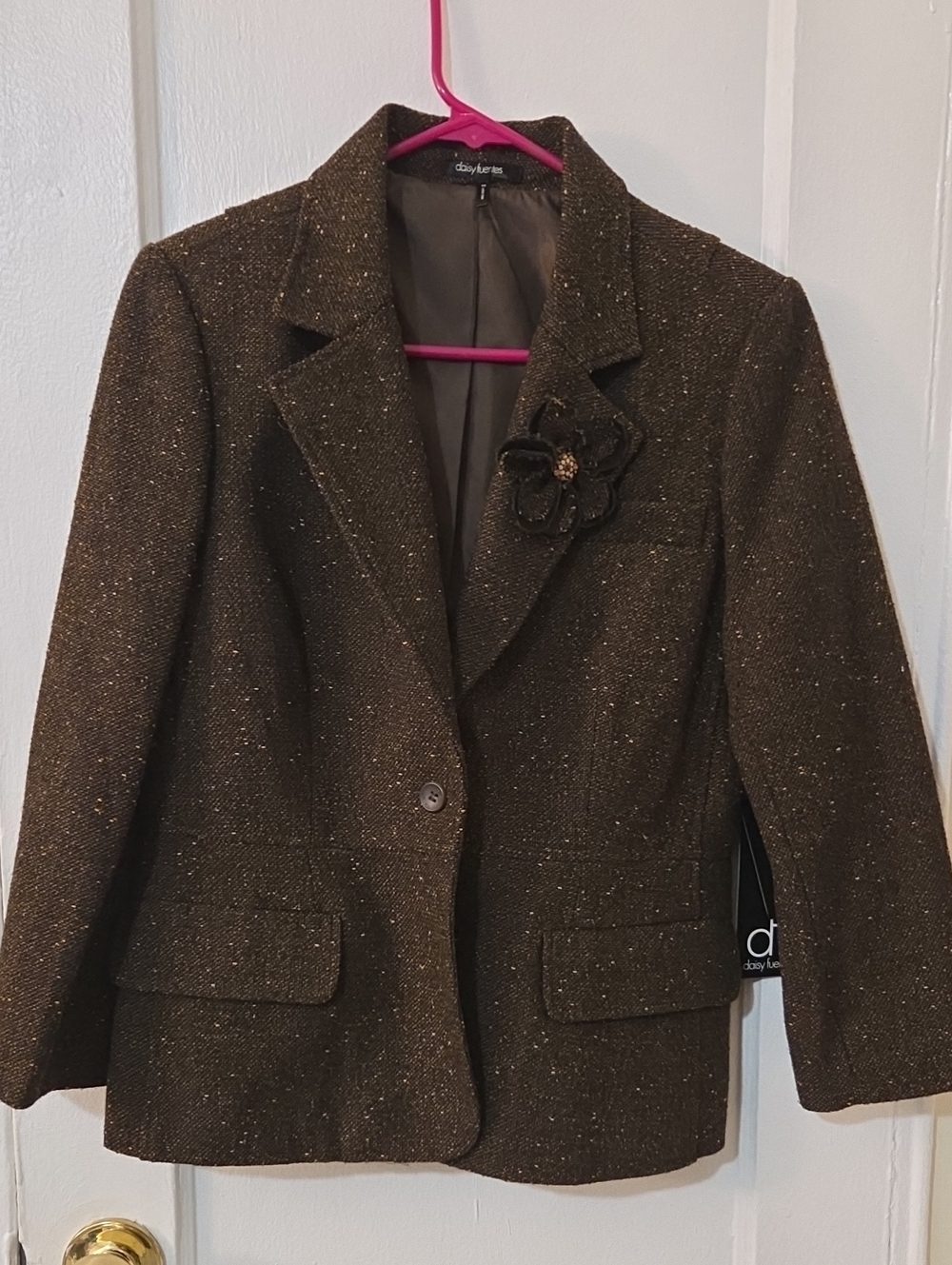 Daisy Fuentes Y2K Dark Brown Tweed Blazer with Floral Brooch, Size 10 NWT